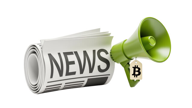 Rolled up newspaper with NEWS text and green megaphone with Bitcoin tag, isolated on transparent background