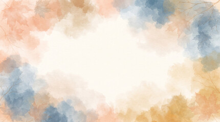 Obraz premium Watercolor autumn leaves frame background with soft blue and orange foliage texture and empty space for text