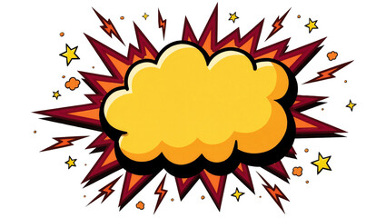 Yellow comic book speech bubble explosion with stars and lightning bolts, isolated on transparent background © Freya