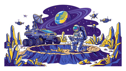 Astronaut Exploring Alien Planet Space Rover Cosmic Galaxy Vector Illustration © Usama Yousafzai