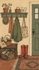 Obraz premium Cozy vintage farmhouse entryway illustration, rustic decor mobile wallpaper