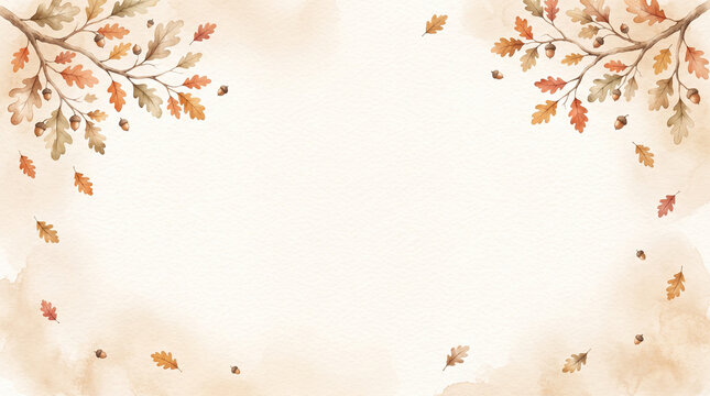 Watercolor autumn background with oak branches, falling leaves and acorns, elegant seasonal frame with copy space for text