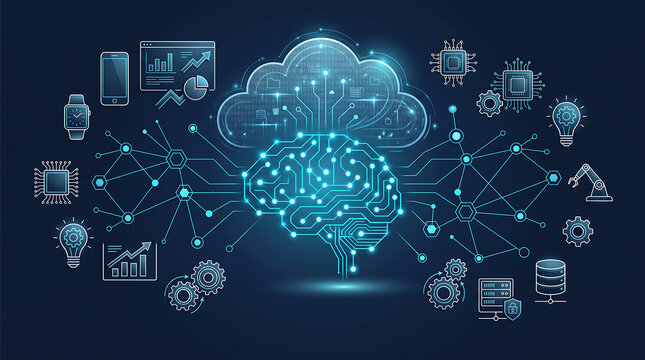Artificial intelligence brain network with cloud computing icons. Digital neural network and machine learning concept. Blue futuristic technology background.
