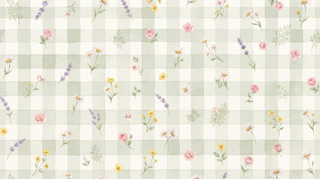 Watercolor seamless pattern with wildflowers, lavender, daisies, and roses on a soft sage green gingham checkered background