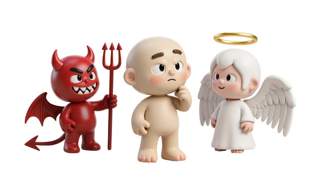 Red devil with trident and angel with halo, isolated on transparent background