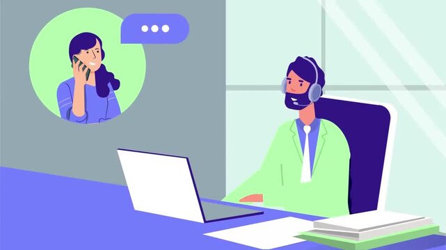 Customer service representative handling client calls with digital laptop animation footage showing a professional male employee working in office setting