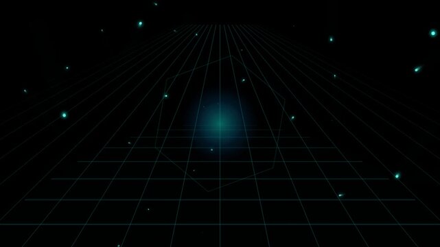 Abstract futuristic space scene with glowing stars and geometric grid lines