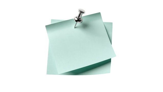 Stack of light blue sticky notes pinned by a silver thumbtack, isolated on transparent background