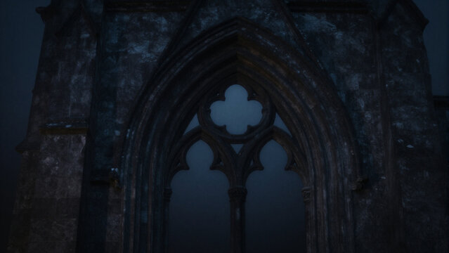 dark Gothic pointed arch set against a misty night