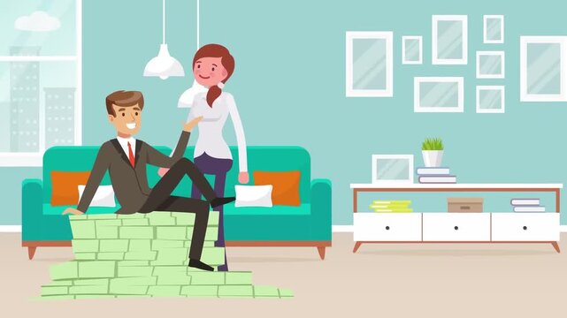 Successful business people sitting on pile of cash in modern apartment while enjoying financial freedom in smooth animated motion video