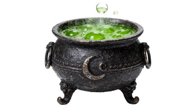 Bubbling green potion in a decorative black cauldron with moon emblem, isolated on transparent background