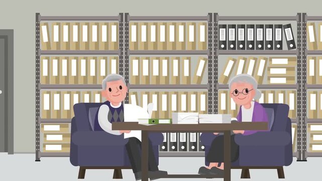 Elderly couple sitting together in a library setting with many folders and books creating a calm animated video clip