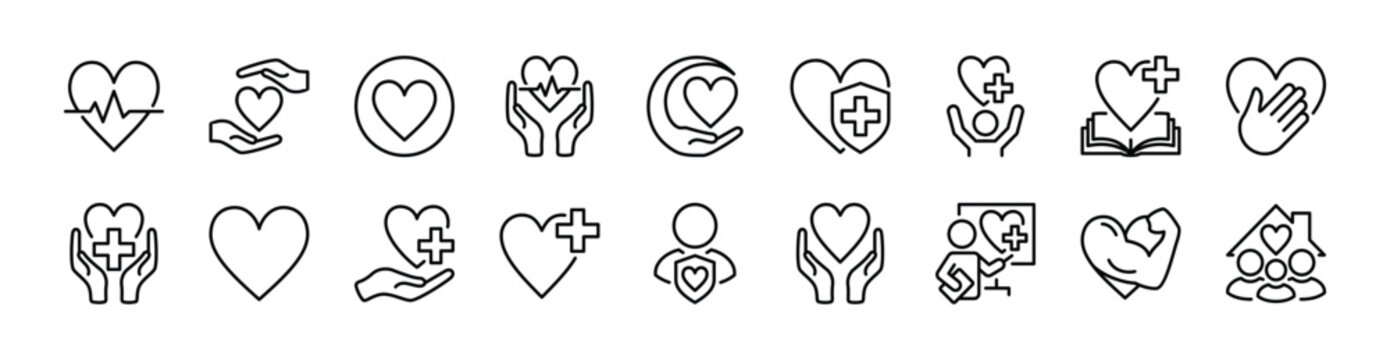 Health line icon set. Contains heart, love, heartbeat, support, helping hand, care, charity, donation, healthy family, protection, wellness, diagnosis, empathy, service, kindness. Vector illustration