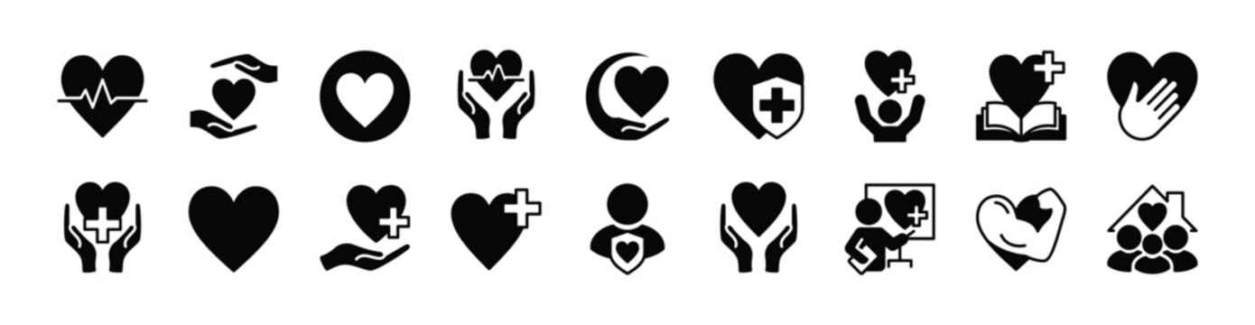 Health icon vector set. Contains love, heart, heartbeat, support, helping hand, care, charity, donation, empathy, healthy family, protection, wellness, diagnosis, service, kindness. Illustration