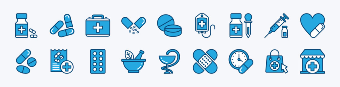 Set of medicine icon. Contains pharmacy, first aid kit, drug, health medication, herbal, donor or blood bag, syringe, capsule, syrup, recipe, drugstore, plaster, online shop. Vector illustration