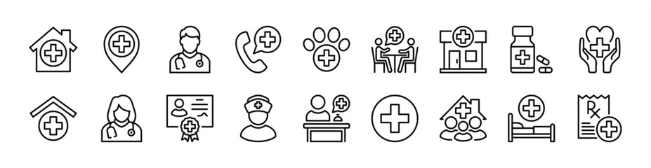Fototapeta na wymiar Clinic thin line icon set. Contain hospital, pharmacy, healthcare, map pin location, doctor, emergency call, medicine, veterinary, nurse, recipe, receptionist, health room, certificate, family. Vector