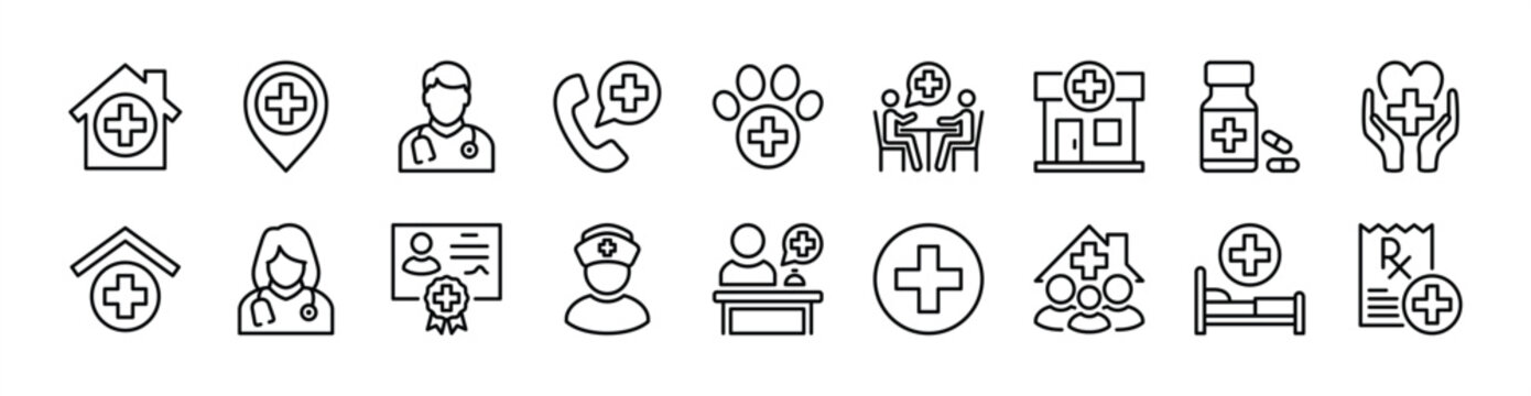 Clinic thin line icon set. Contain hospital, pharmacy, healthcare, map pin location, doctor, emergency call, medicine, veterinary, nurse, recipe, receptionist, health room, certificate, family. Vector