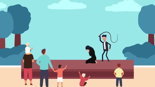 Angry man wielding whip threatening woman on stage while public audience watches this dramatic animated vector motion graphic video scene
