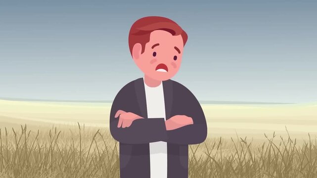 Anxious man standing in a grassy field looking worried as an expressive 2D character animation loop for motion video footage