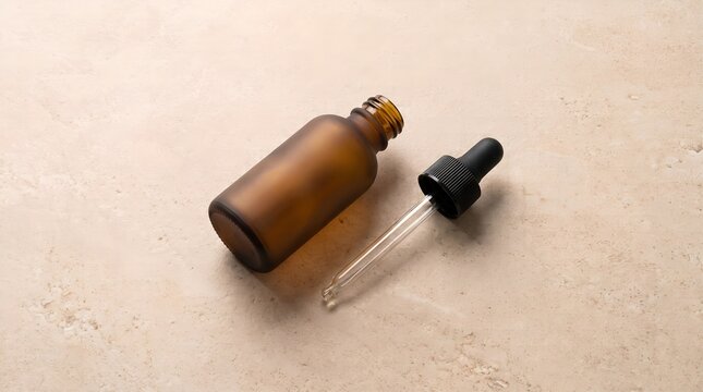 Frosted amber glass dropper bottle mockup lying down with pipette on beige marble surface