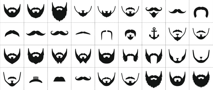 Set of various beard and mustache styles vector icons on white background