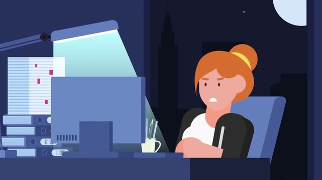 Stressed woman working late at her desk in a dark office environment shown in this flat vector animation motion footage