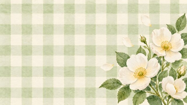 Watercolor illustration of white wild roses with green leaves on a soft sage green gingham checkered background