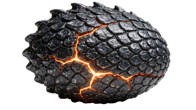Cracked black dragon egg with glowing lava inside, isolated on transparent background