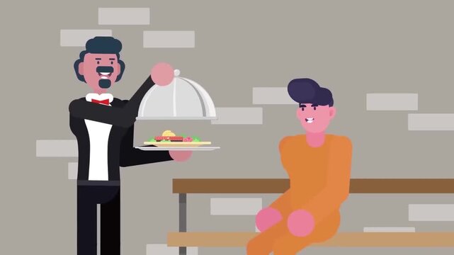 Professional waiter serving delicious dinner meal to hungry young man sitting on wooden bench in this animated motion video footage