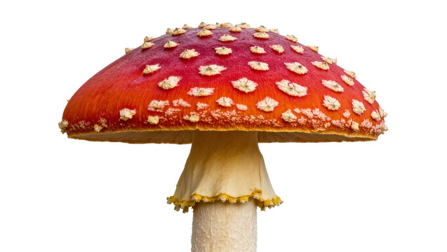 Red and white spotted Amanita muscaria mushroom cap and stem, isolated on transparent background