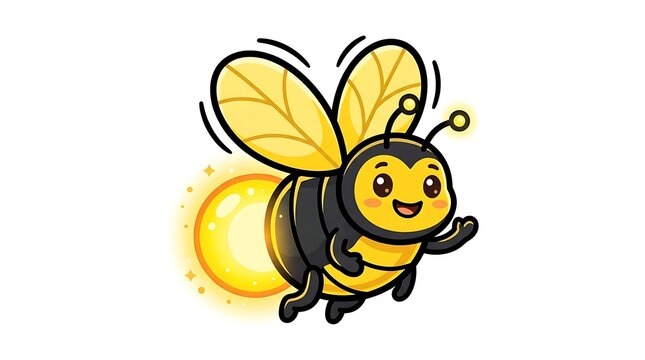 Cute cartoon bee flying with bright yellow wings and glowing honey, isolated on white background