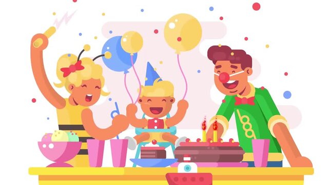 Happy family enjoying a colorful birthday party celebration with cake and balloons in this fun flat vector animation video clip