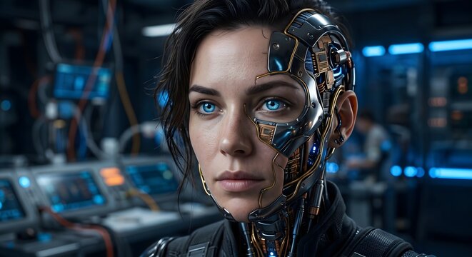 Cyborg Woman with Cybernetic Facial Implants and Futuristic Microchips in Hi-Tech Control Room