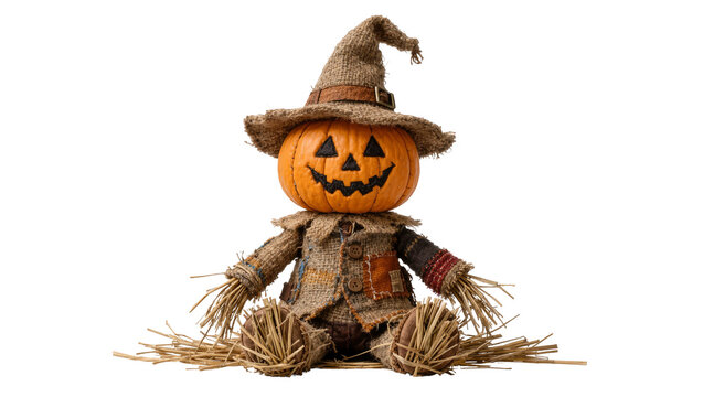 Halloween pumpkin scarecrow with burlap clothing and straw, isolated on transparent background