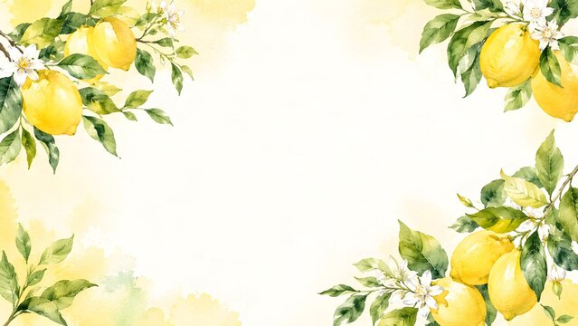 Watercolor lemon branch frame with citrus fruits, green leaves and white flowers on a soft yellow painted background