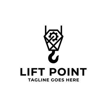 Industrial crane hook and gear logo.
