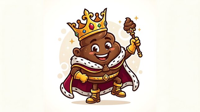Cute cartoon poop character as king wearing crown and royal cloak standing in fairy tale castle courtyard,funny fantasy illustration
