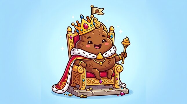 Cute cartoon poop character as king wearing crown and royal cloak standing in fairy tale castle courtyard,funny fantasy illustration