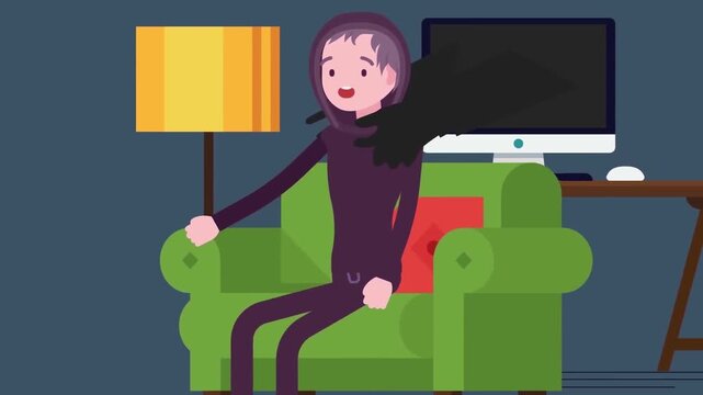 Young person feeling anxious while sitting on green sofa as dark shadowy hand animation reaches for their neck area