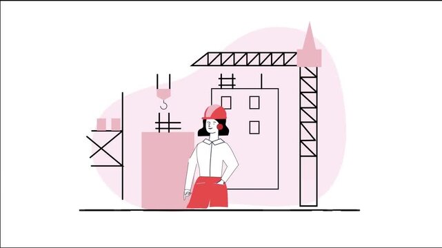 Female construction engineer wearing safety helmet pointing at building project in this minimalist flat design digital motion video animation clip