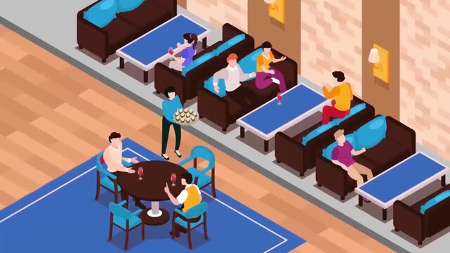 Isometric animation video featuring diverse people relaxing inside a modern restaurant lobby with elegant lounge furniture and social drink settings