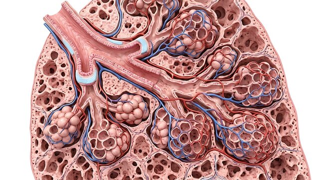 Detailed medical illustration of kidney tissue showing glomeruli, renal tubules, blood vessels, and microscopic anatomical structures