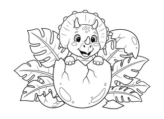 Cute baby triceratops dinosaur hatching from egg, coloring page for kids, black and white prehistoric animal vector © Imran Designs