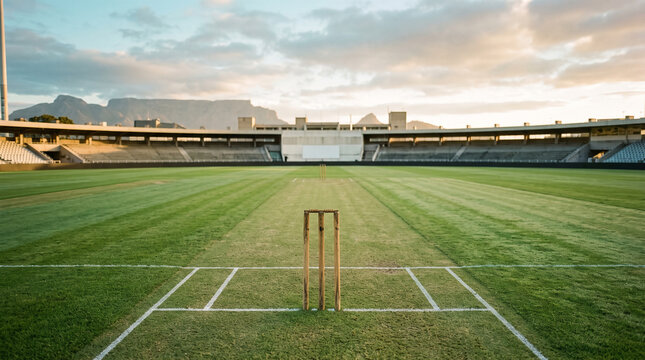 cricket pitch and wickets on sports stadium field landscape