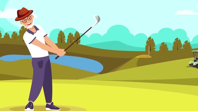 Elderly man wearing hat playing golf on a sunny green field in this colorful animated motion graphic video clip