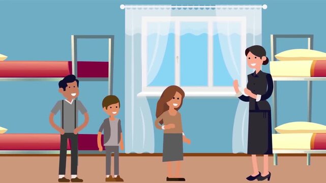 Professional female teacher instructing young students inside a dorm room during this colorful educational motion graphic animation video project file