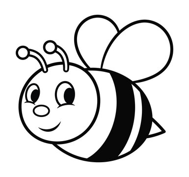 Cute bumblebee coloring page vector, smiling honey bee cartoon character, black and white insect outline for kids