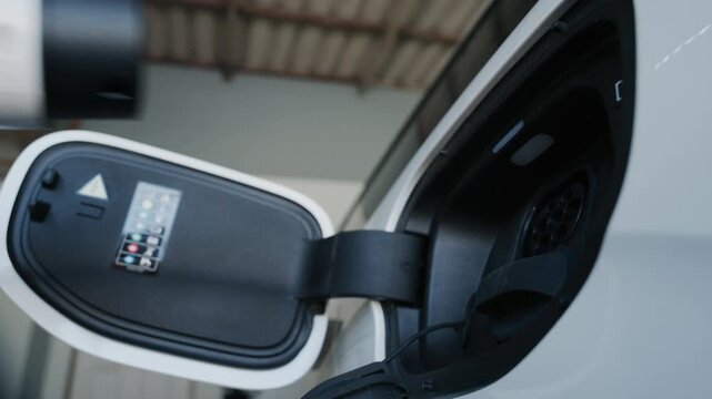 Person plugging off EV charging cable to white electric vehicle for sustainable energy transport.	