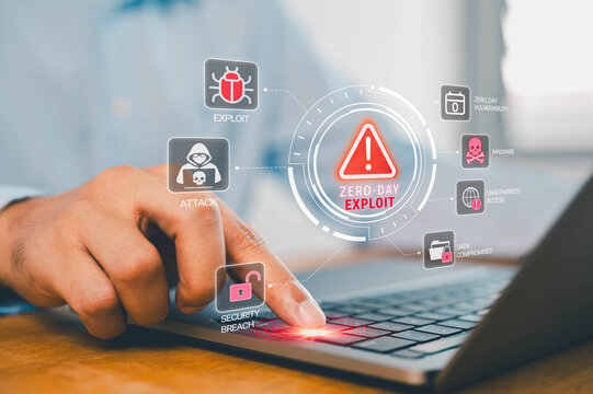 Cybersecurity alert showing a zero day exploit on a laptop, with malware, unauthorized access, security breach, and compromised data icons illustrating digital threats and network protection risks.
