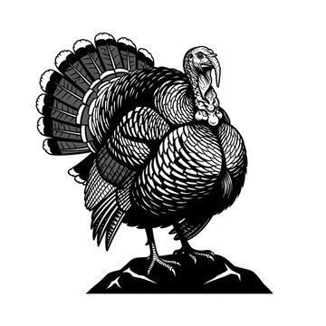 Vintage woodcut turkey illustration, black and white linocut wild turkey bird art, rustic engraved turkey silhouette for Thanksgiving menus, traditional hand-drawn poultry farm animal design.